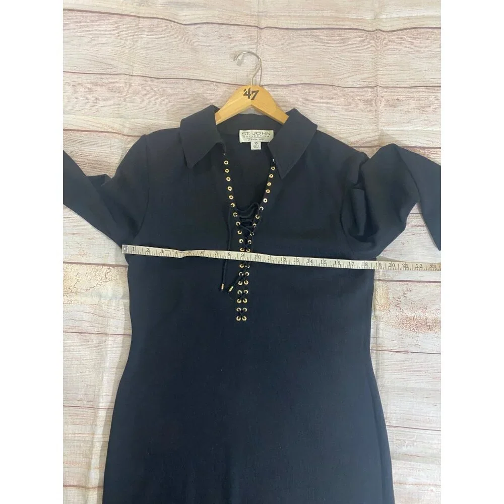 Vintage St John Women's Black Long Sleeve Thick Lace Up Dress - 10 - Picture 8 of 14